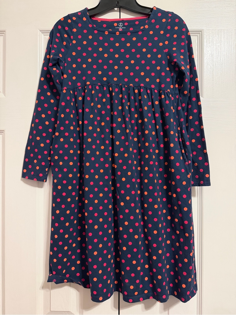 Land’s End Navy Long-Sleeve Dress with Pink and Coral Polka Dots and Pockets